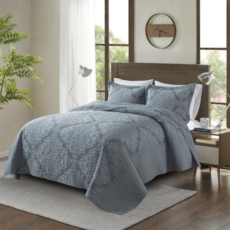 NEWLAKE Reversible Quilt Bedspread Embroidered Microfiber Coverlet Set,Jacquard Embossed Floral,Grey, King Size - Image 4